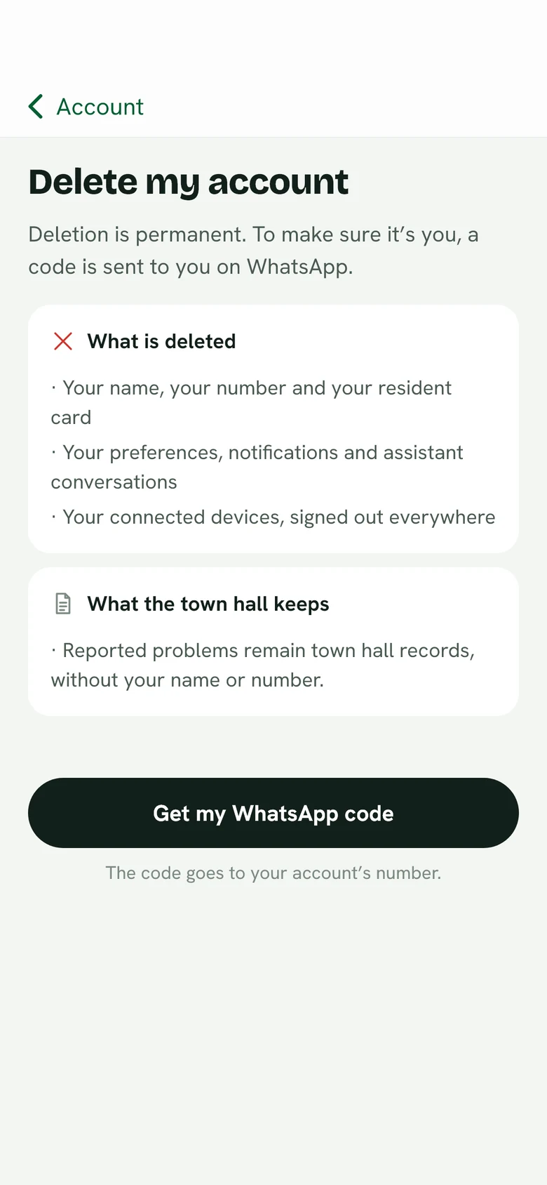 “Delete my account” screen in the Yefidi app