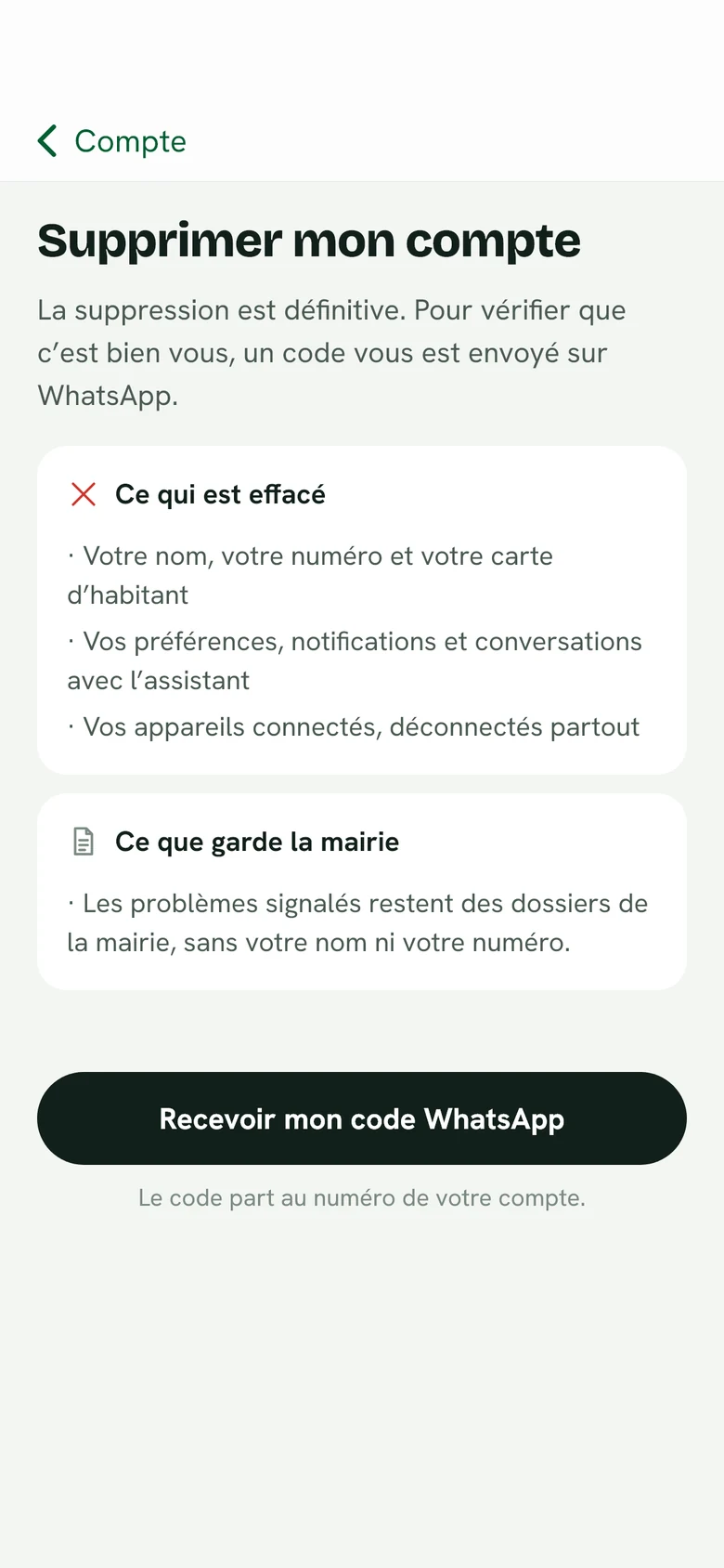 Écran « Supprimer mon compte » de l'application Yefidi