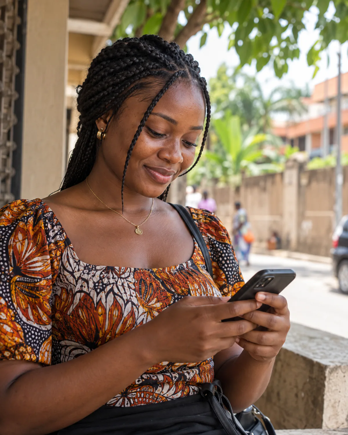 Une jeune femme écrit un message sur son téléphone
