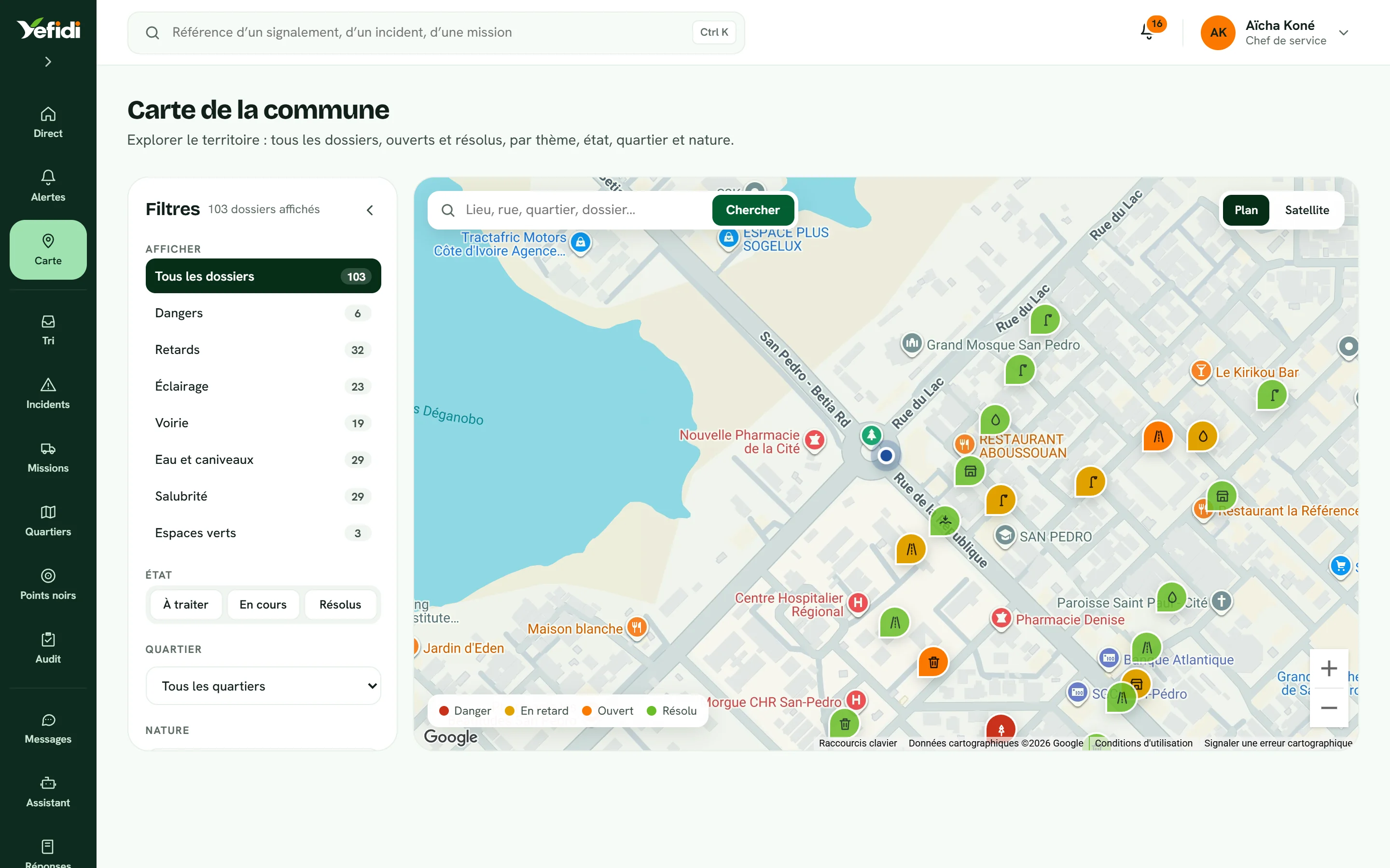 Carte de la commune dans l'espace mairie Yefidi : signalements placés sur les rues de San-Pédro