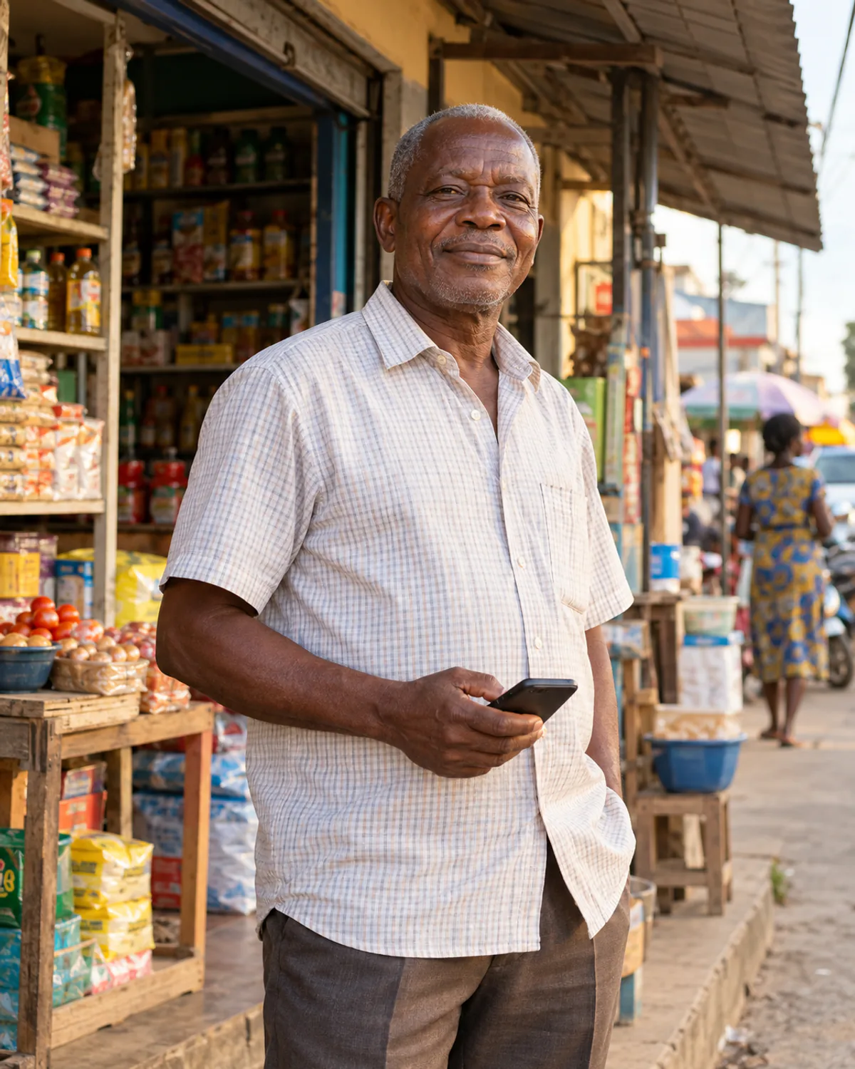 Un commerçant devant sa boutique, téléphone à la main