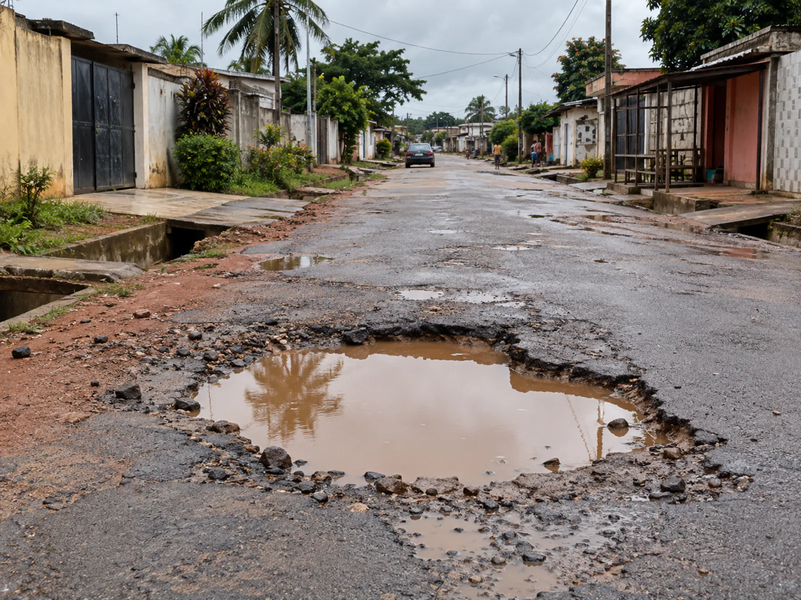 Une rue avec un grand nid-de-poule rempli d'eau
