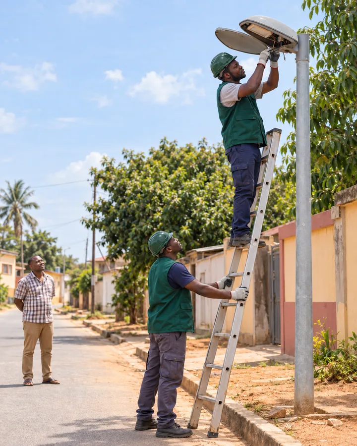 Deux agents réparent un lampadaire